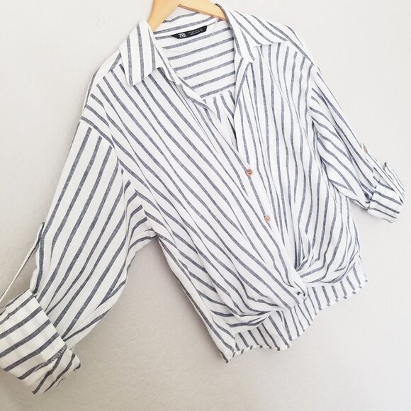 Zara Striped Linen Blend Knotted Twist Front Button Front Shirt Size S White - Picture 16 of 16